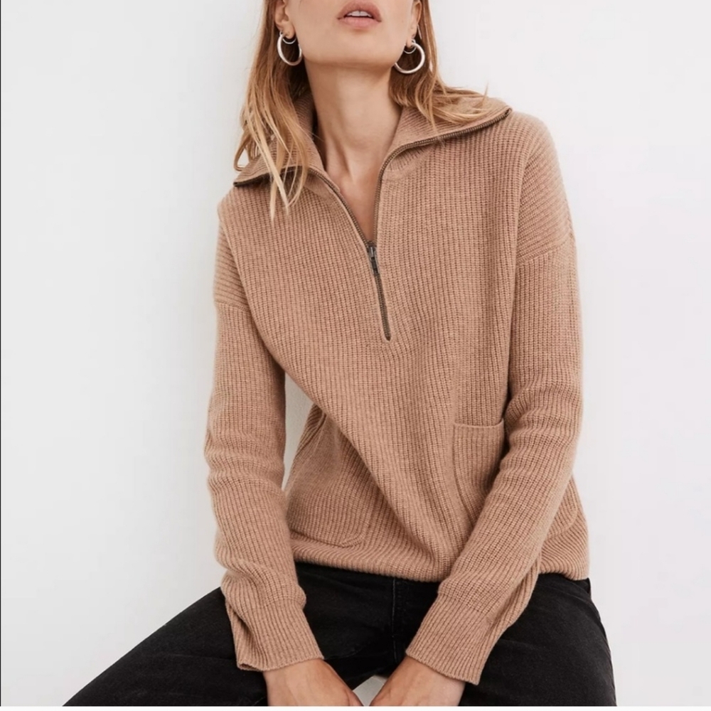 Madewell Glenbrook Half Zip Boxy Rib Knit Camel Sweater Size Large